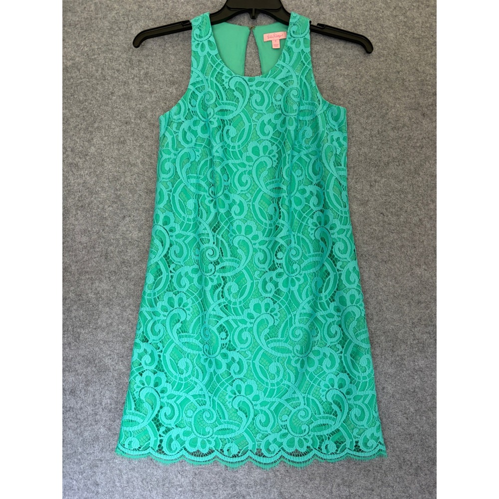 Lilly Pulitzer Green Floral Lace Shift Dress Sleeveless Keyhole Back Size 2